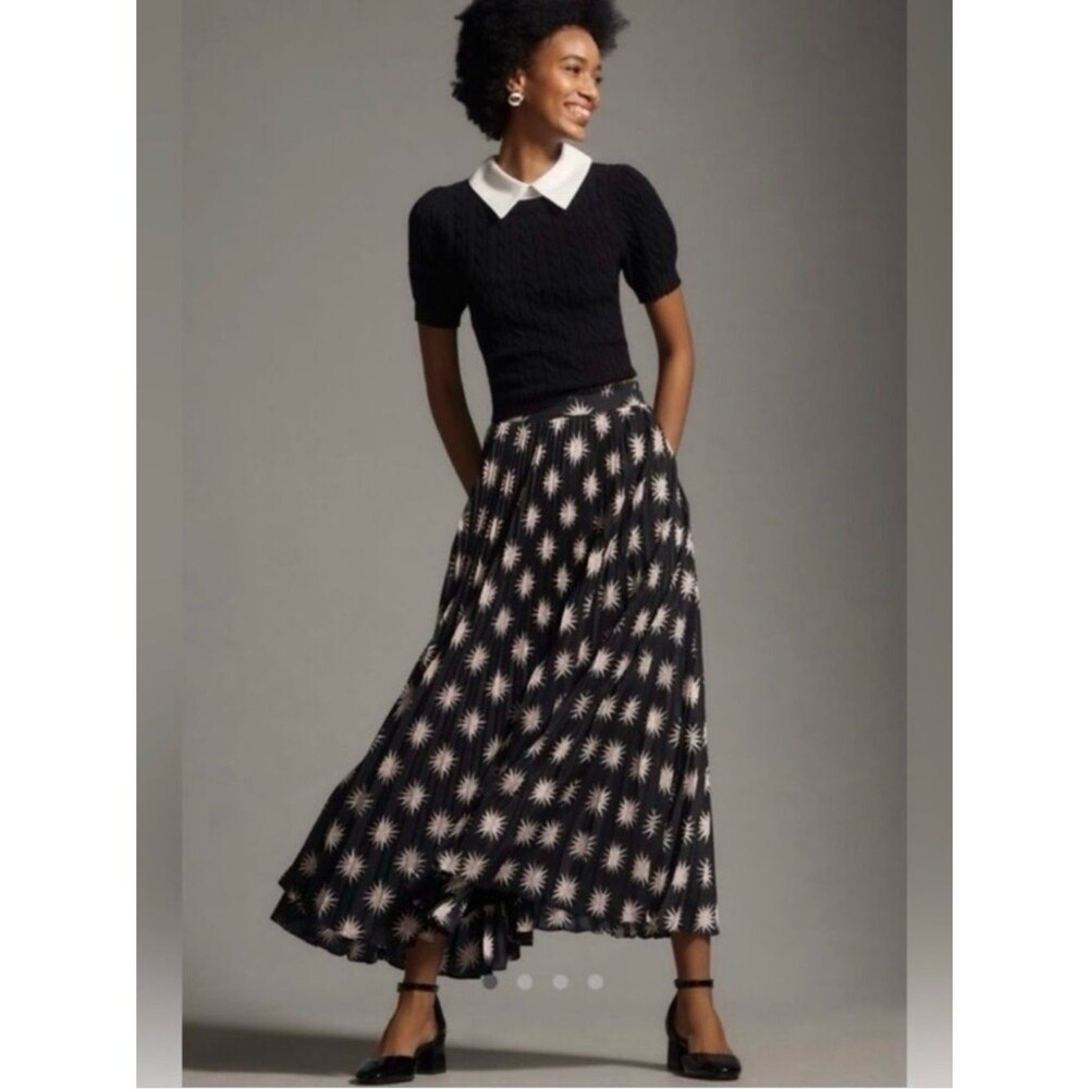 Anthropologie The Isobel Satin Pleated Maxi Skirt Black/Pink/White XS